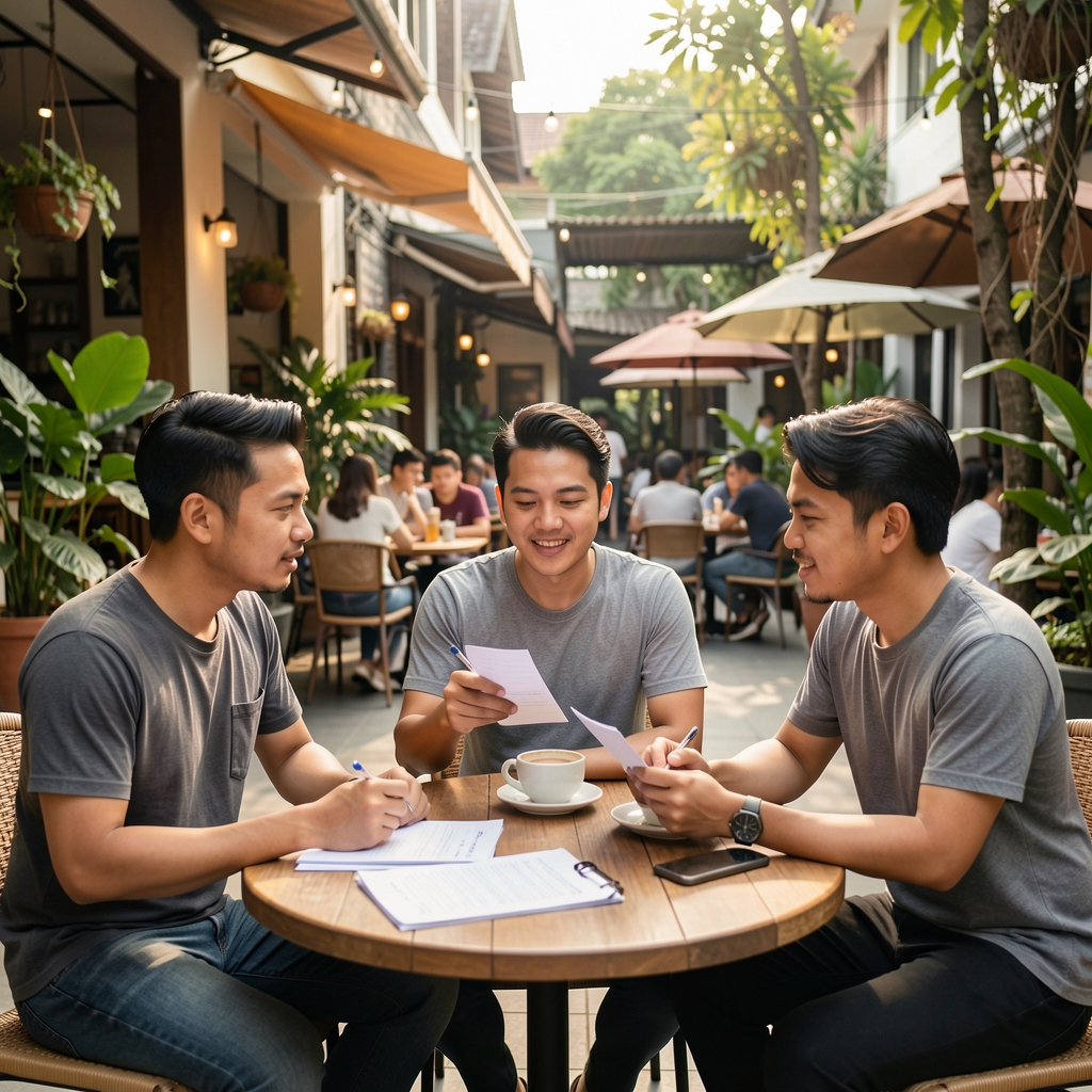 Three adult friends discussing training notes over coffee at an open-air Jakarta café