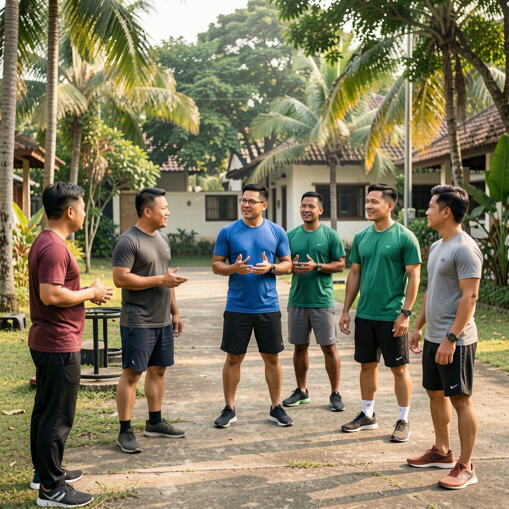 Small diverse group of adult men talking after a relaxed outdoor training session in Jakarta