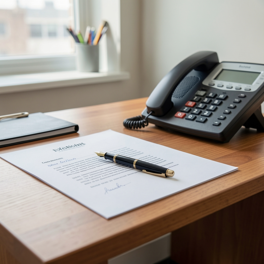 Editorial correspondence, fountain pen, and telephone arranged on a quiet office desk