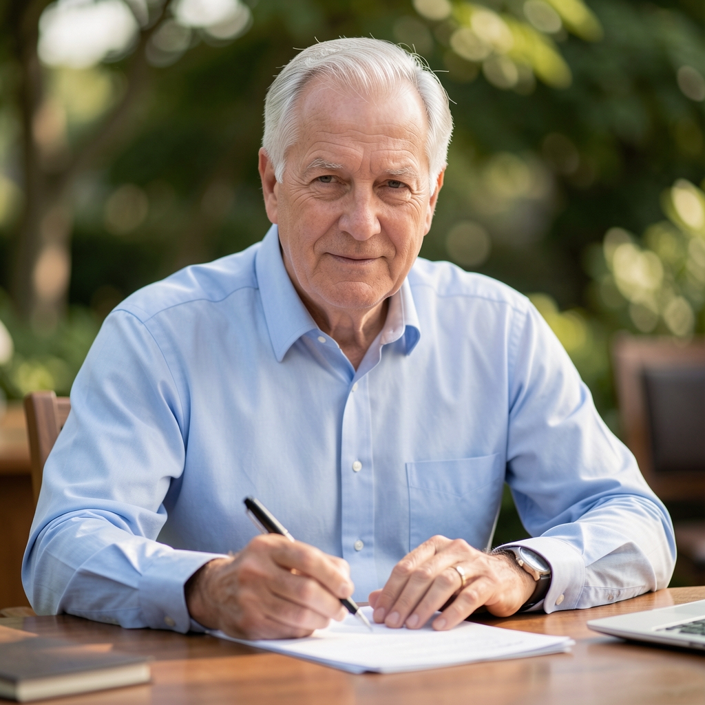 Portrait of a senior editor in a collared shirt reviewing notes at a wooden desk