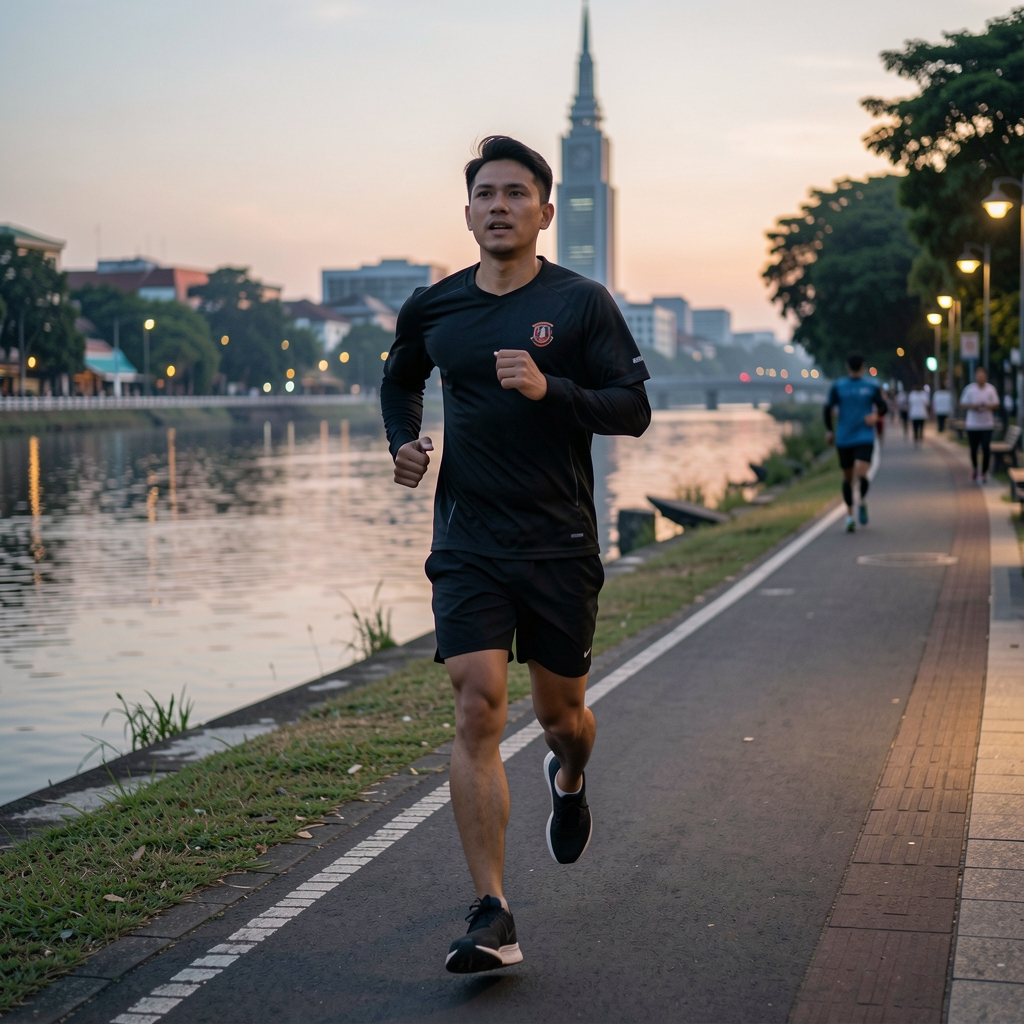 Running correspondent jogging along a paved riverside path in Jakarta at dusk