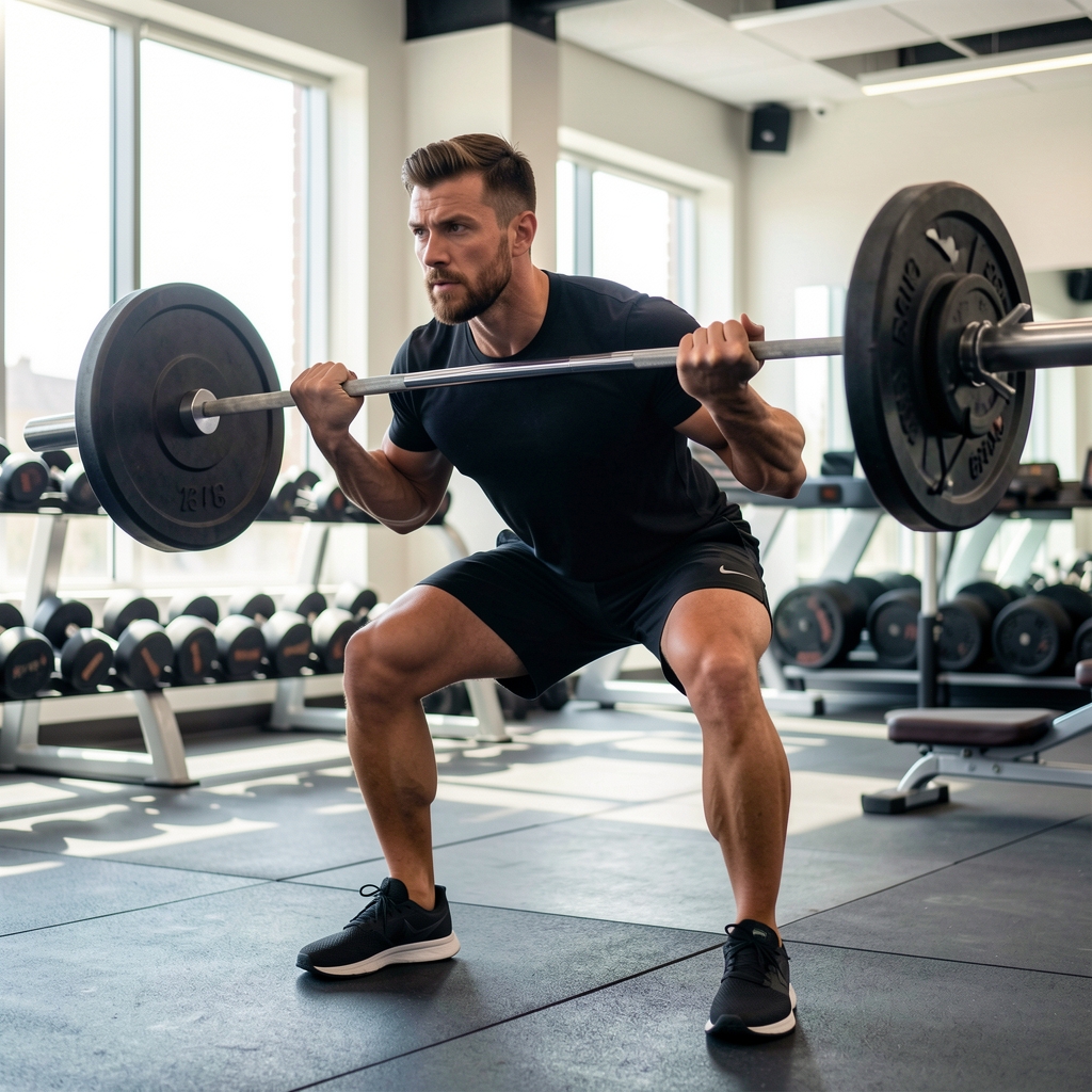 Strength contributor demonstrating a barbell hinge position in a well-lit gym