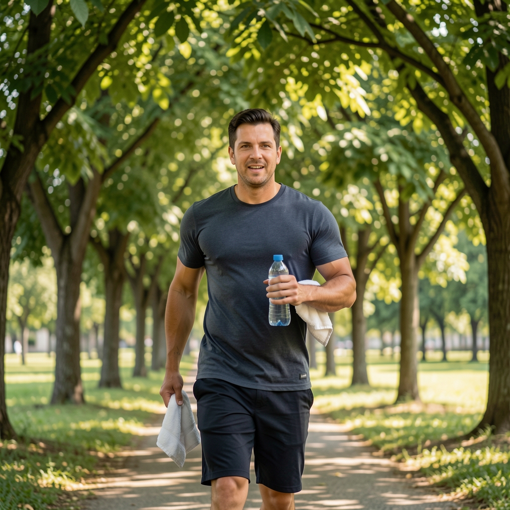 Adult man walking briskly under leafy trees with a small towel and water bottle