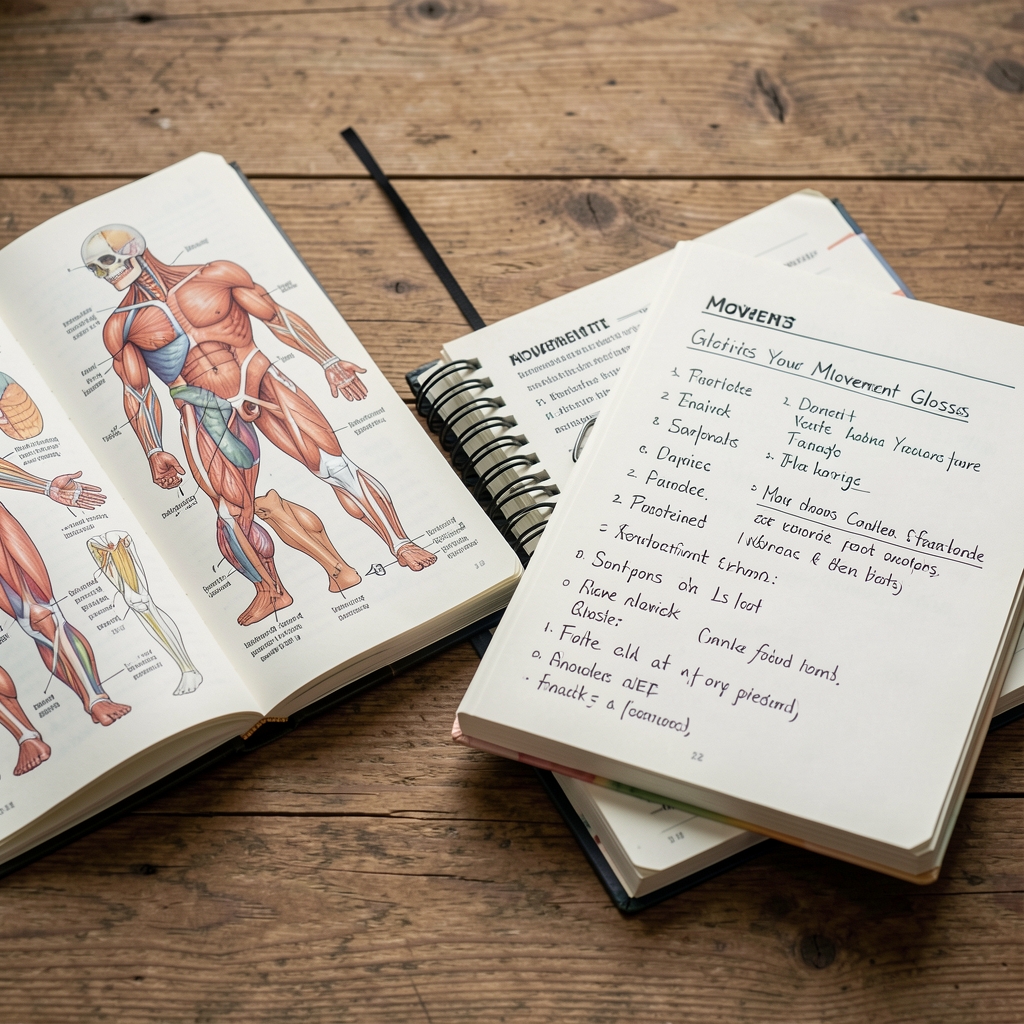 Open anatomy and exercise books beside a handwritten movement glossary on a wooden desk
