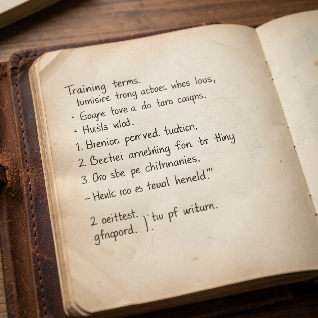 Close-up of handwritten training terms and definitions in a worn leather notebook