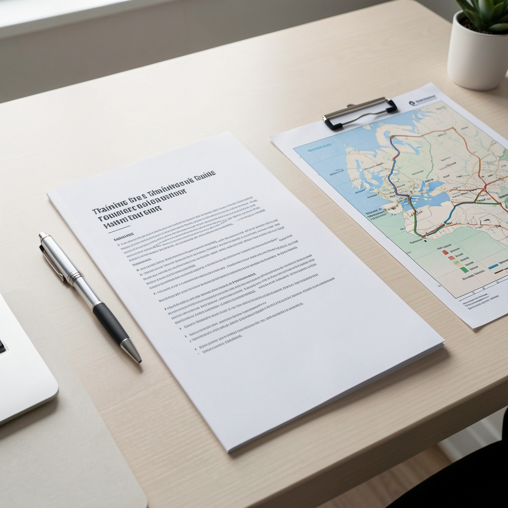 Printed training guide, pen, and route map arranged on a clean editorial desk