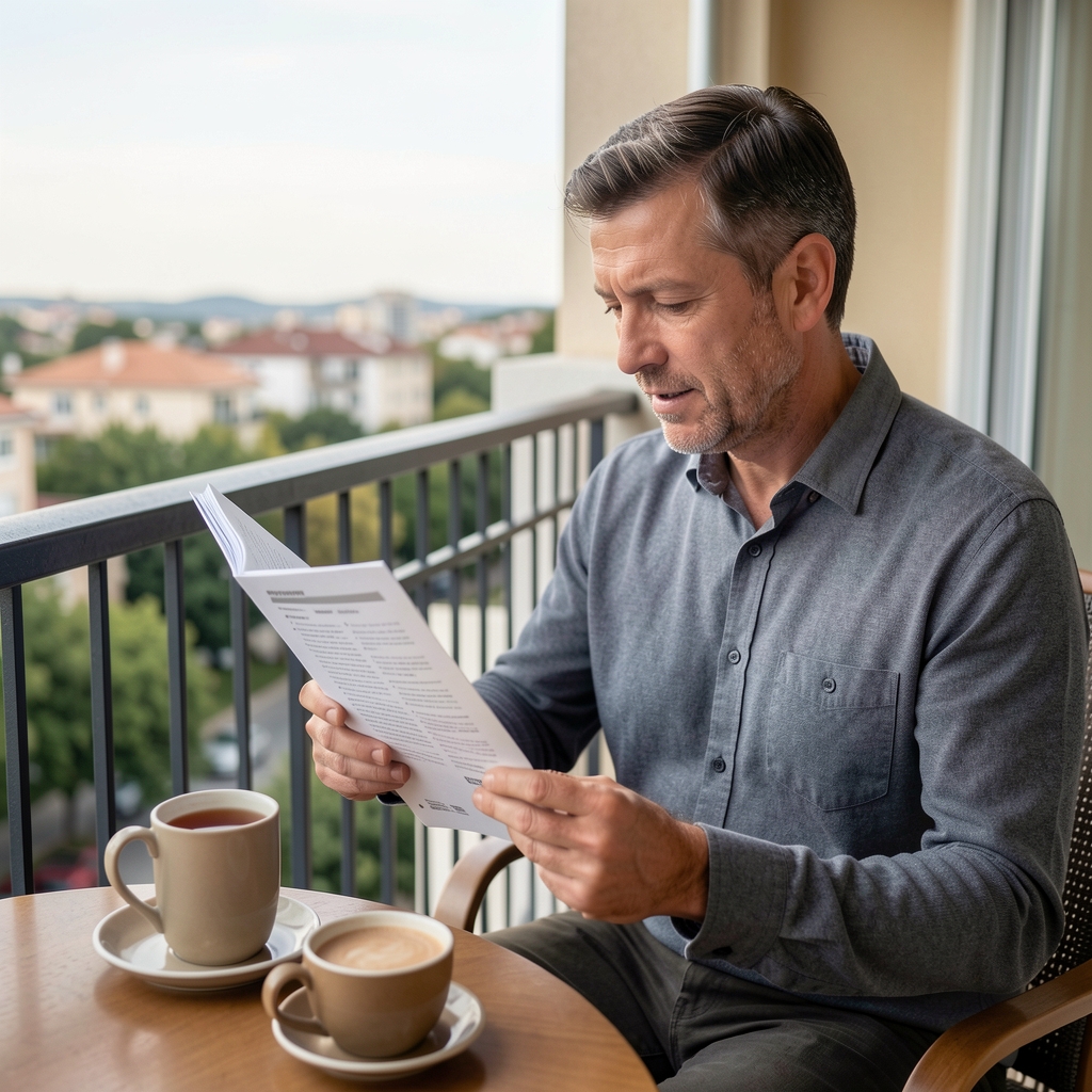 Man in his forties reading a printed training guide on a balcony with a cup of tea
