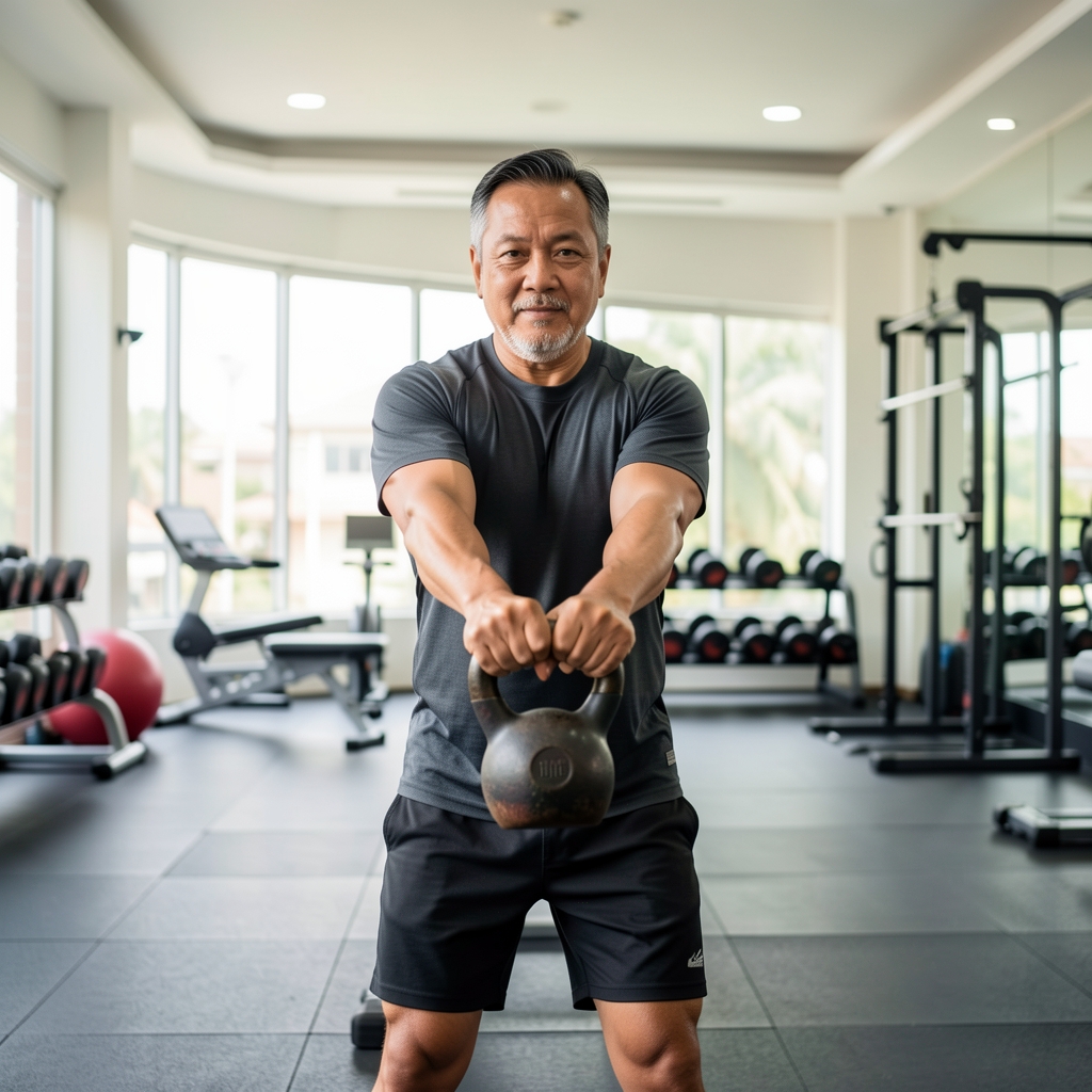 Middle-aged man performing a controlled kettlebell carry in a bright Jakarta training studio