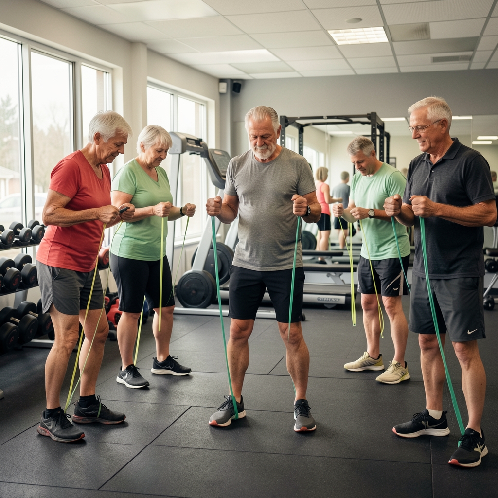 Small community gym with mature members preparing resistance bands and light weights