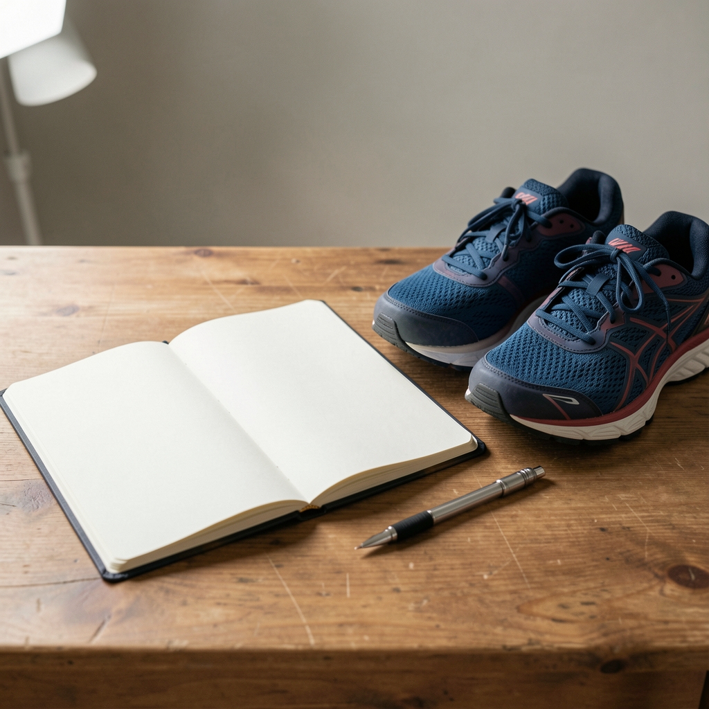 Open field notebook beside running shoes and a mechanical pencil on a studio table