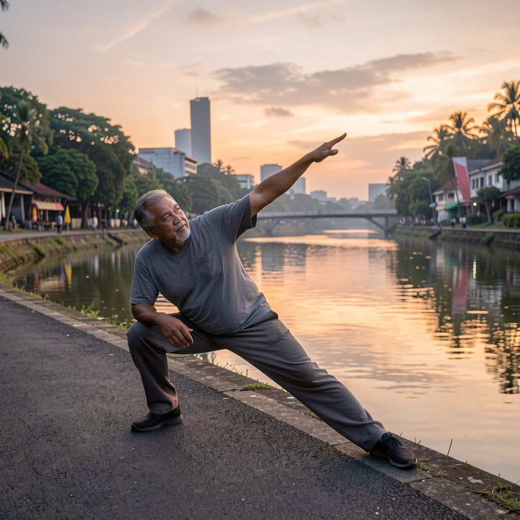 Man in his fifties stretching beside a quiet riverside path at dusk in Jakarta