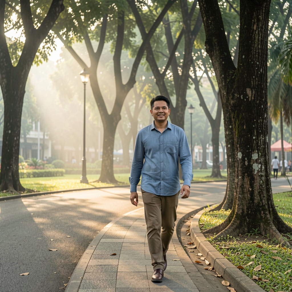 Man in his forties walking beside a tree-lined Jakarta park at early morning