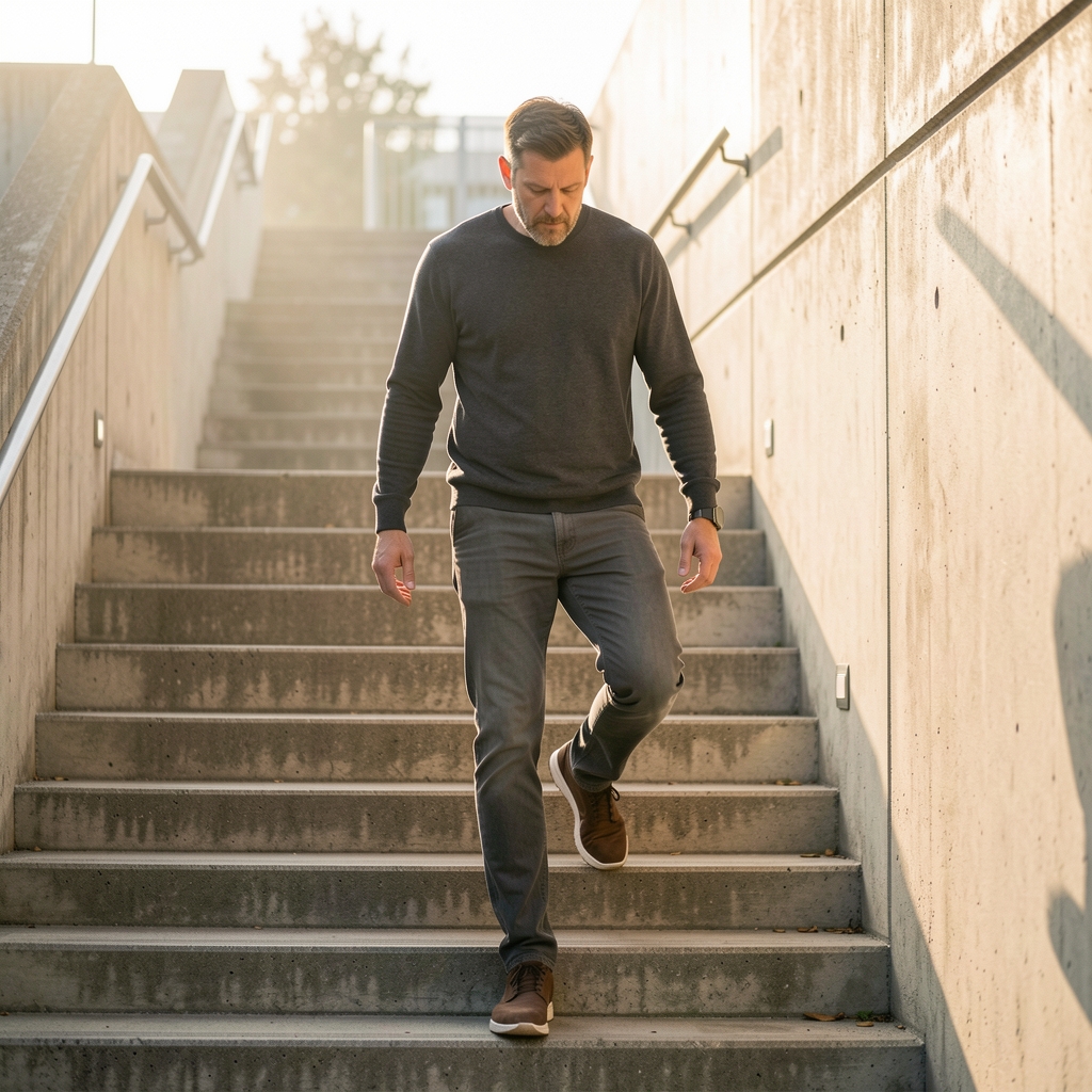 Adult man climbing concrete stairs in early morning light with an easy measured pace