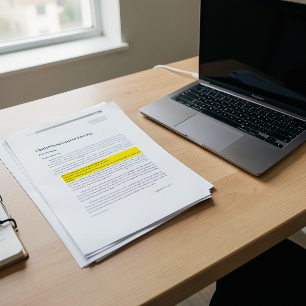 Research papers, highlighted references, and a laptop arranged on an editorial research table