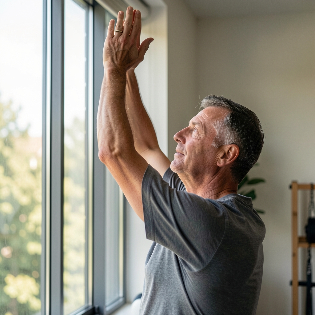Middle-aged man reaching overhead beside a window during a gentle shoulder routine
