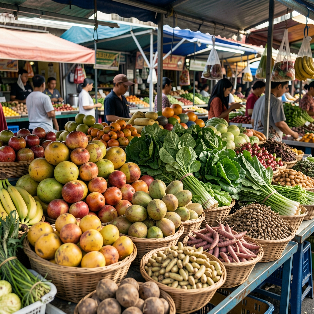 Jakarta market stall displaying fresh tropical fruit, leafy greens, and legumes in woven baskets