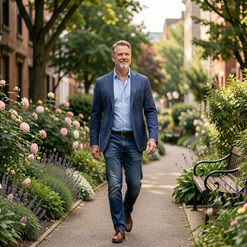 Man in his forties taking a relaxed recovery walk beside a quiet city garden