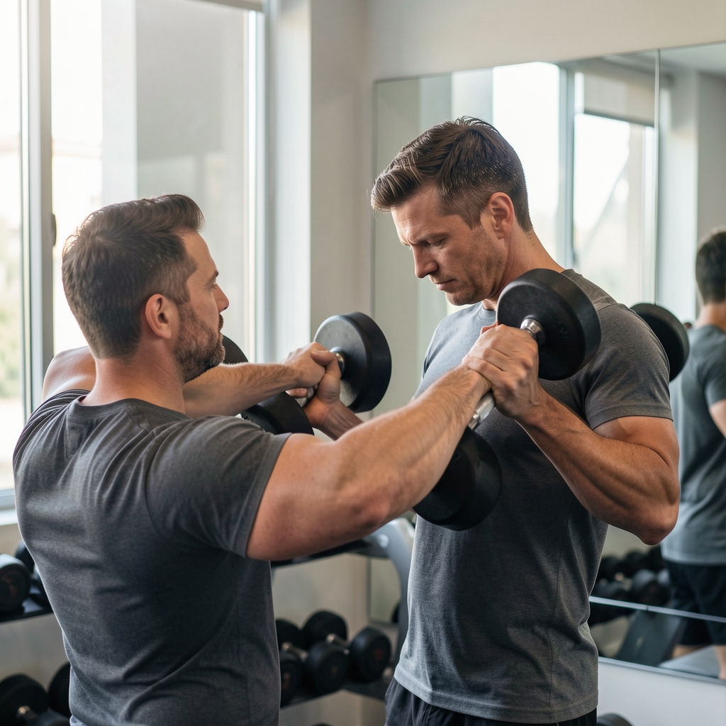 Adult man checking shoulder position while performing a slow dumbbell press beside a mirror