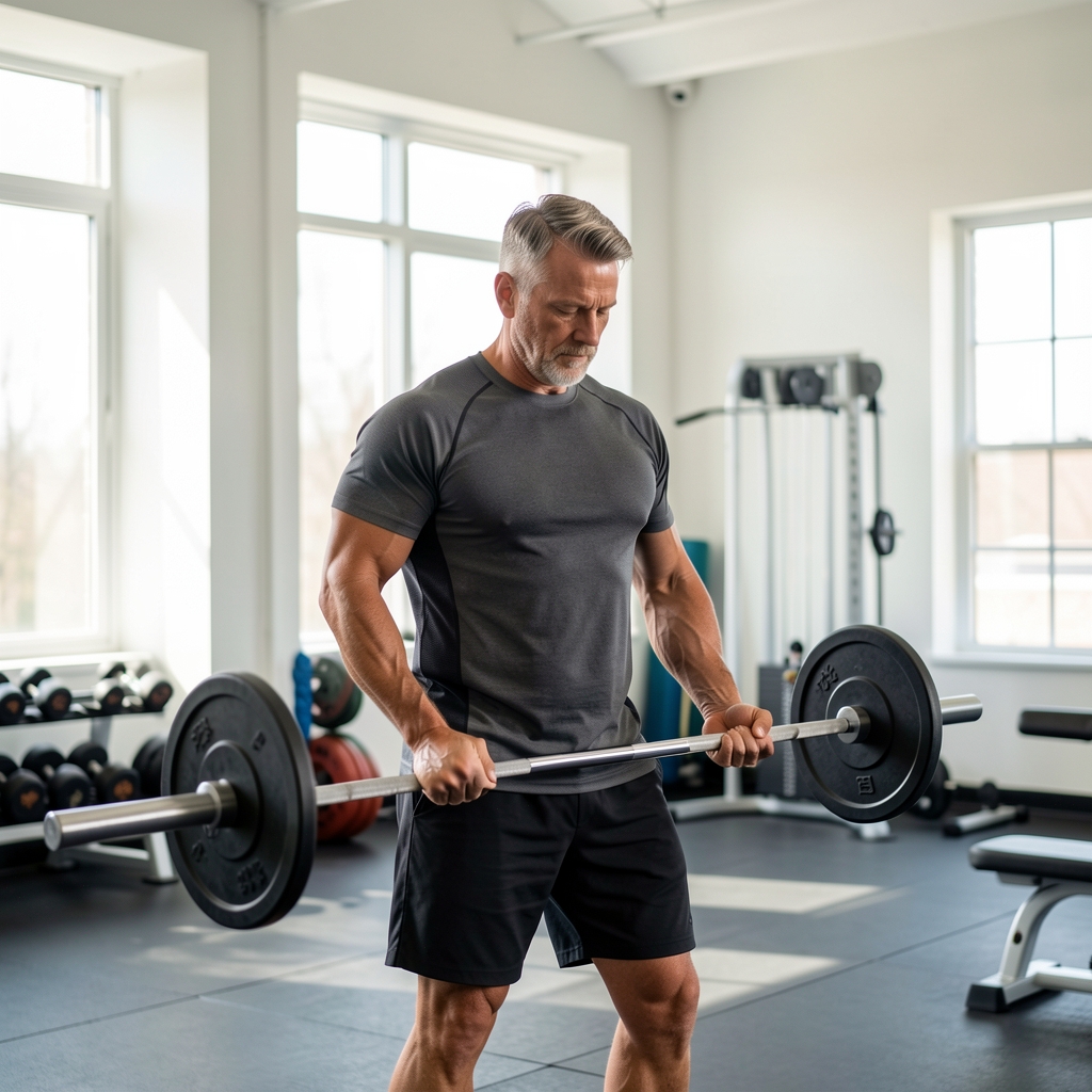 Mature male athlete preparing a light barbell in an airy training room